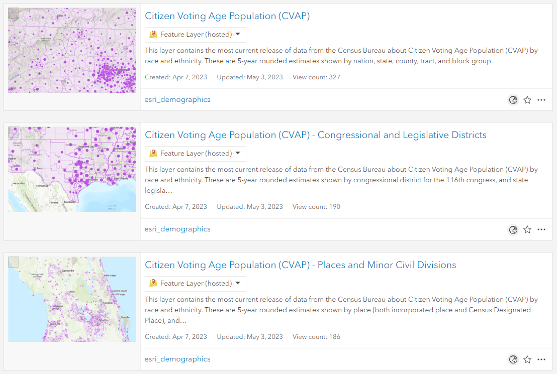 How the CVAP layer cards appear in Living Atlas and ArcGIS Online search. How the CVAP layer cards appear in Living Atlas and ArcGIS Online search.