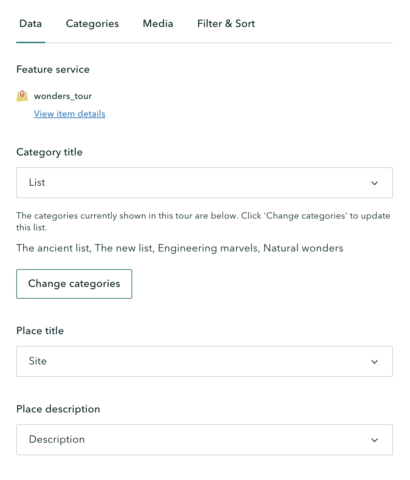 A screenshot of the data options in a data-driven map tour A screenshot of the data options in a data-driven map tour