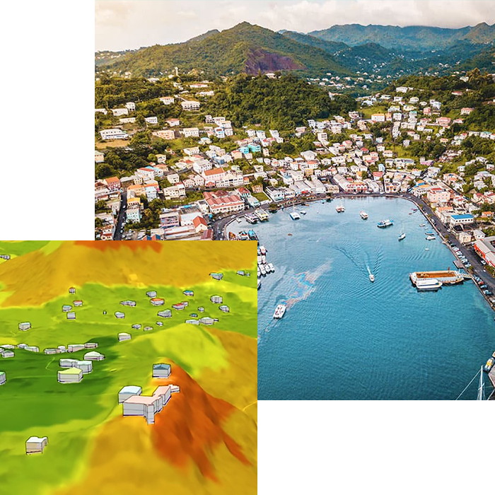 Un mapa de elevación en el que las herramientas de inteligencia artificial geoespacial han identificado edificios amenazados por los corrimientos de tierras, con el telón de fondo de un puerto insular con montañas verdes