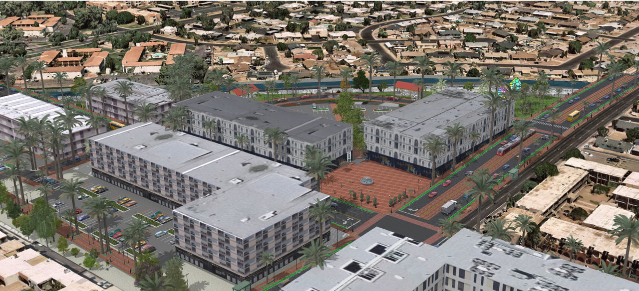 3D aerial view of a city block with tall buildings, palm trees lining wide streets, cars, and a brick plaza with a fountain